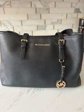 Michael Kors Black Leather Tote with Gold MK Charm